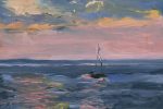 Oil painting of a small sailboat before a summer squall in Provincetown, MA